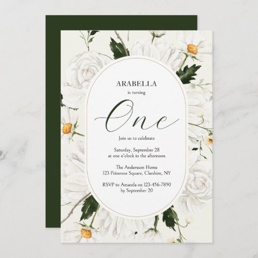 水彩フローラデイジー1st誕生日パーティー 招待状 (正面/裏面)