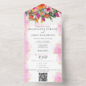 水彩フローラトロピカルブーケピンク&オレンジ オールインワン招待状 (内側)