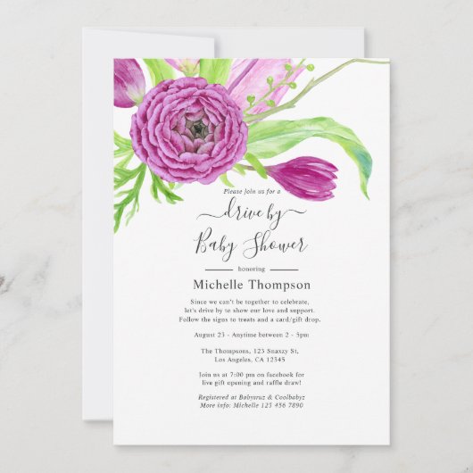 水彩フローラドライブブライダルまたはベビーシャワー 招待状 (正面)