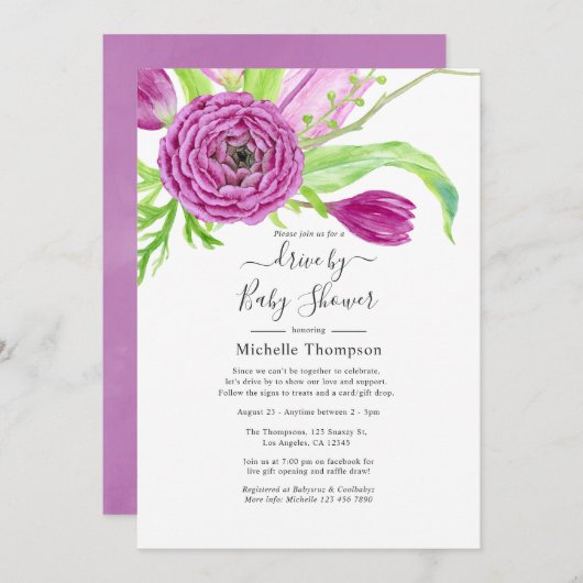 水彩フローラドライブブライダルまたはベビーシャワー 招待状 (正面/裏面)
