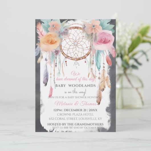 水彩フローラドリームキャッチャー赤ちゃんシャワーぼほ 招待状 (スタンド正面)