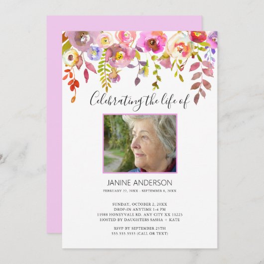 水彩フローラドロップライフお祝い写真 招待状 (正面/裏面)