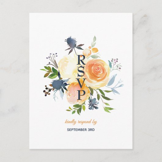 水彩フローラネイビーブルーとコーラルウェディングRSVP インビテーションポストカード (正面)