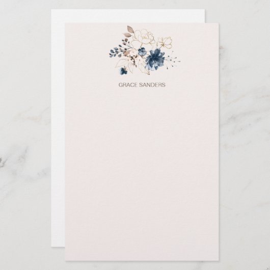 水彩フローラネイビーブルーと金ゴールド 便箋 (正面/裏面)