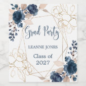 水彩フローラネイビーブルー&金ゴールド卒業 ワインラベル (シングルラベル)