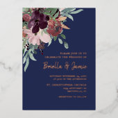 水彩フローラネイビープラム&バラ金ゴールド結婚ズ 箔招待状 (正面)