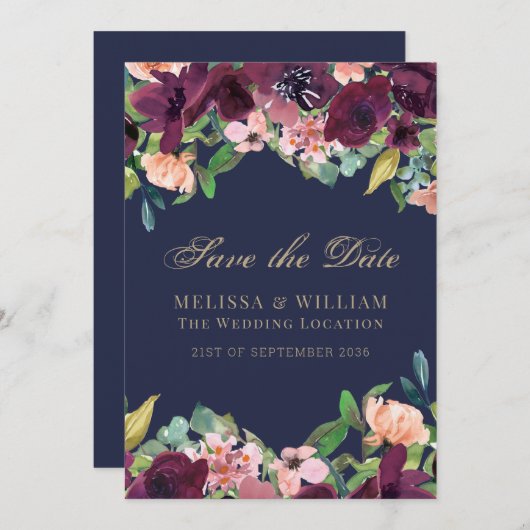 水彩フローラネイビー結婚ズ セーブザデート (正面/裏面)