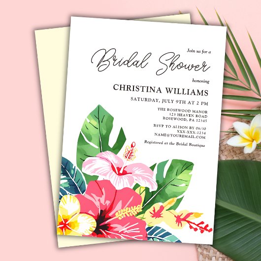 水彩フローラハイビスカストロピカルブライダルシャワー 招待状