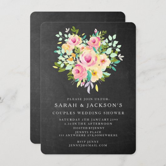 水彩フローラハートカップルウェディングシャワー 招待状 (正面/裏面)