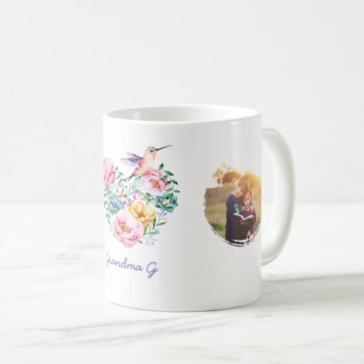水彩フローラハートハミングバードフォトギフト コーヒーマグカップ (正面右)