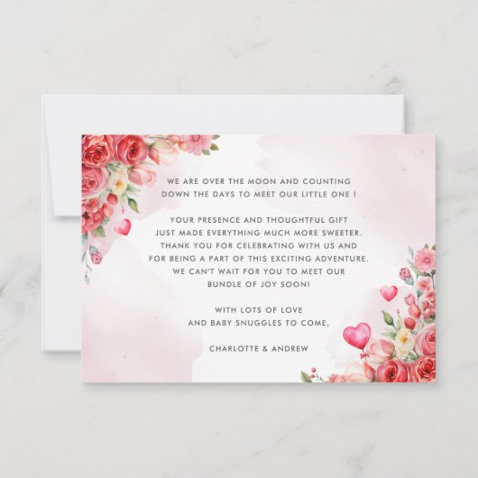 水彩フローラハートベビーシャワーレッドスイートハート サンキューカード (裏面)