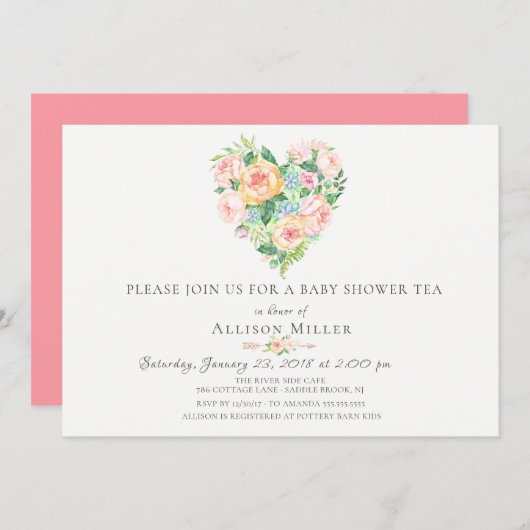 水彩フローラハートベビーシャワー招待状 招待状 (正面/裏面)