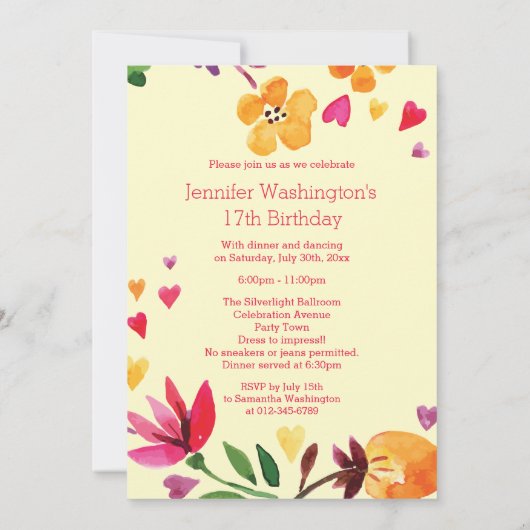 水彩フローラハートリースガール17th誕生日 招待状 (裏面)