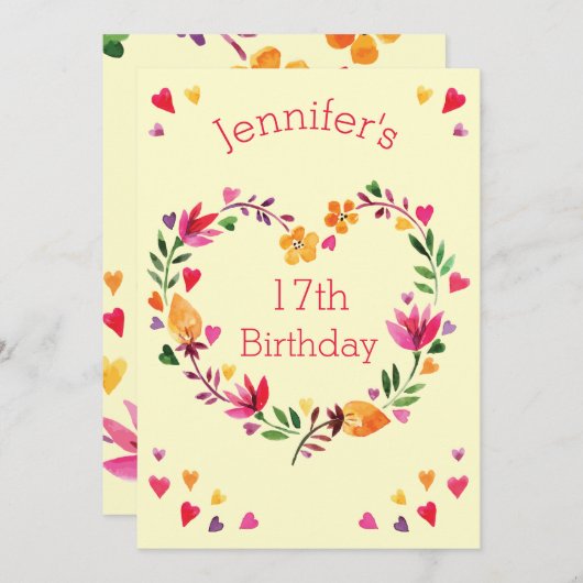 水彩フローラハートリースガール17th誕生日 招待状 (正面/裏面)