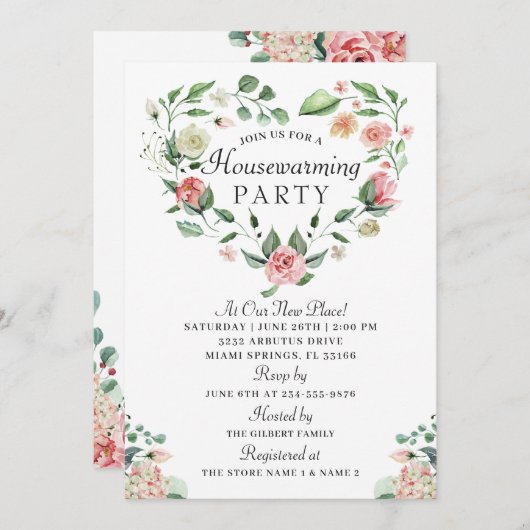 水彩フローラハートリース引っ越し祝いパーティーパーティー 招待状 (正面/裏面)