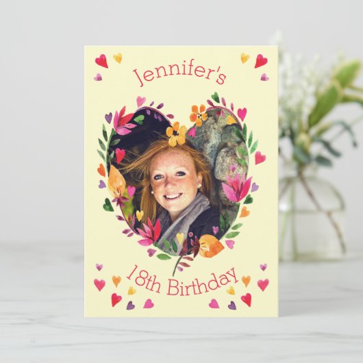 水彩フローラハートリース18th誕生日写真 招待状 (スタンド正面)