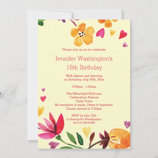 水彩フローラハートリース18th誕生日写真 招待状 (裏面)