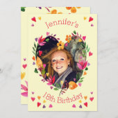水彩フローラハートリース18th誕生日写真 招待状 (正面/裏面)