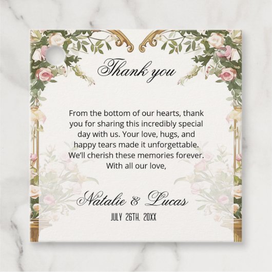 水彩フローラハート結婚アーチありがとう フェイバータグ (正面)