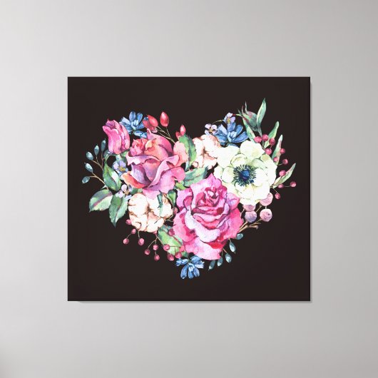 水彩フローラハート:ヴィンテージバラ。 キャンバスプリント (正面)