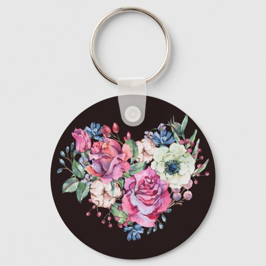 水彩フローラハート:ヴィンテージバラ。 キーホルダー (正面)