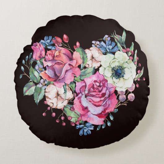 水彩フローラハート:ヴィンテージバラ。 ラウンドクッション (正面)