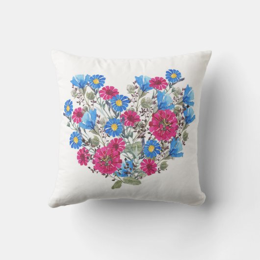 水彩フローラハート、明るいワイルドフラワーが鳴った クッション (裏面)