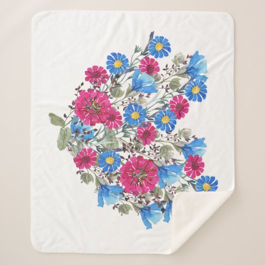 水彩フローラハート、明るいワイルドフラワーが鳴った シェルパブランケット (正面)