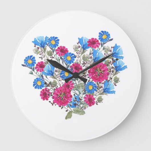 水彩フローラハート、明るいワイルドフラワーが鳴った ラージ壁時計 (正面)