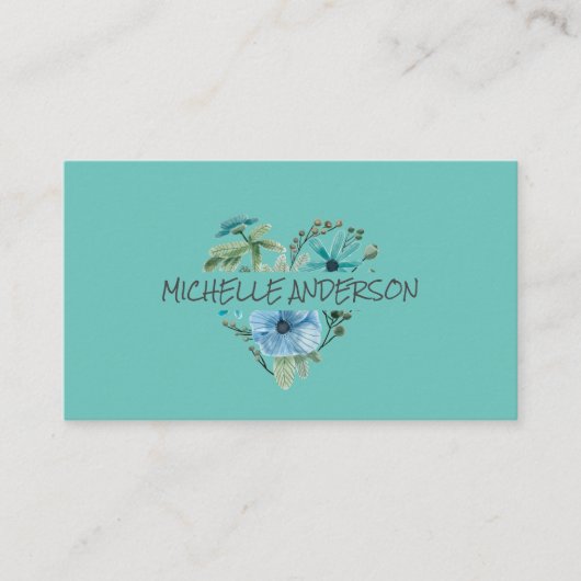 水彩フローラハート | 青緑の花 名刺 (正面)