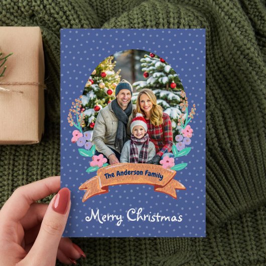 水彩フローラバイオレットブルーフォトクリスマス シーズンカード