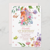 水彩フローラバタフライポニーストライプ誕生日 招待状 (正面/裏面)