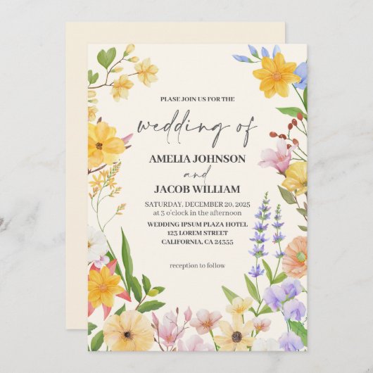 水彩フローラバターイエロー春の結婚式 招待状 (正面/裏面)