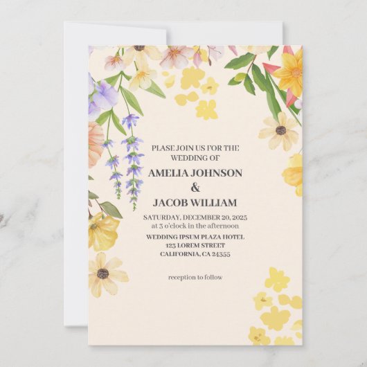 水彩フローラバターイエロー春の結婚式 招待状 (正面)