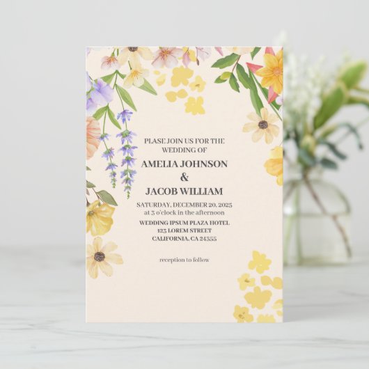 水彩フローラバターイエロー春の結婚式 招待状 (スタンド正面)