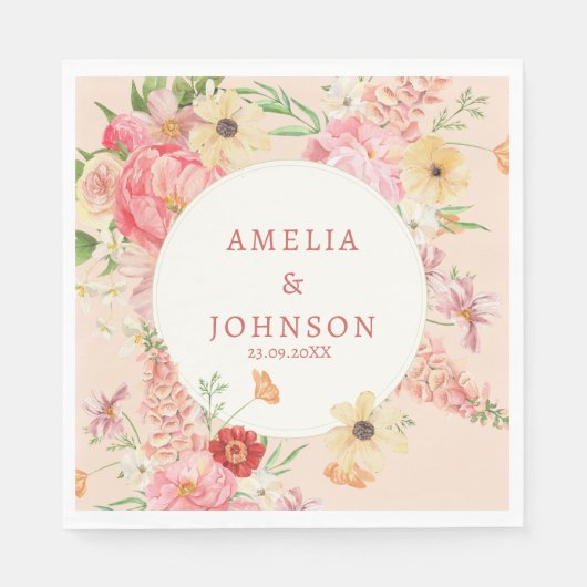 水彩フローラバタ結婚ークリームのカップル名 スタンダードランチョンナプキン (正面)