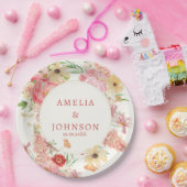 水彩フローラバタ結婚ークリームのカップル名 ペーパープレート (パーティー)
