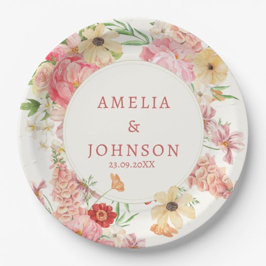 水彩フローラバタ結婚ークリームのカップル名 ペーパープレート (正面)