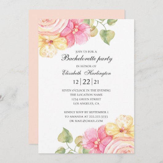 水彩フローラバチェロレッテ。ピンク色の花 招待状 (正面/裏面)