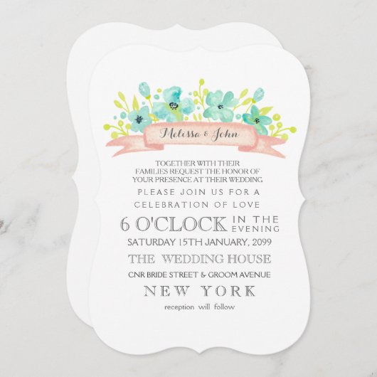 水彩フローラバナーアクアウェディング招待状 招待状 (正面/裏面)