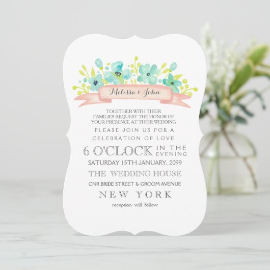 水彩フローラバナーアクアウェディング招待状 招待状 (スタンド正面)