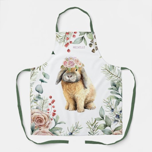 水彩フローラバニーラビットパーソナライズされた名 エプロン (正面)