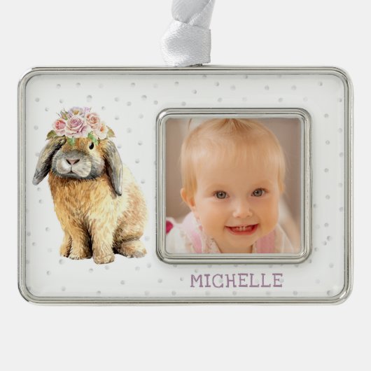 水彩フローラバニーラビットパーソナライズされた名 シルバープレートフレームオーナメント (正面)