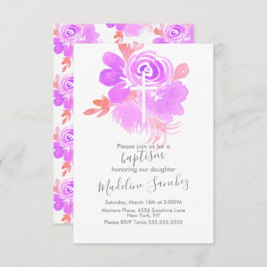 水彩フローラバプテスムパープルベビー献身 招待状 (正面/裏面)
