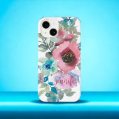 水彩フローラバラピンクダスティブルー名前をカスタムする Case-Mate iPhoneケース