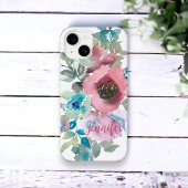 水彩フローラバラピンクダスティブルー名前をカスタムする Case-Mate iPhoneケース
