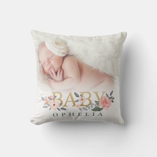 水彩フローラバラベビー写真名前をカスタムする クッション (正面)
