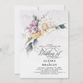 水彩フローラバラホワイトパープルテクスチャ 招待状 (正面)