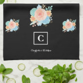 水彩フローラバラモノグラムブラック キッチンタオル (折り畳み)