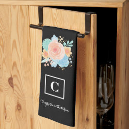 水彩フローラバラモノグラムブラック キッチンタオル